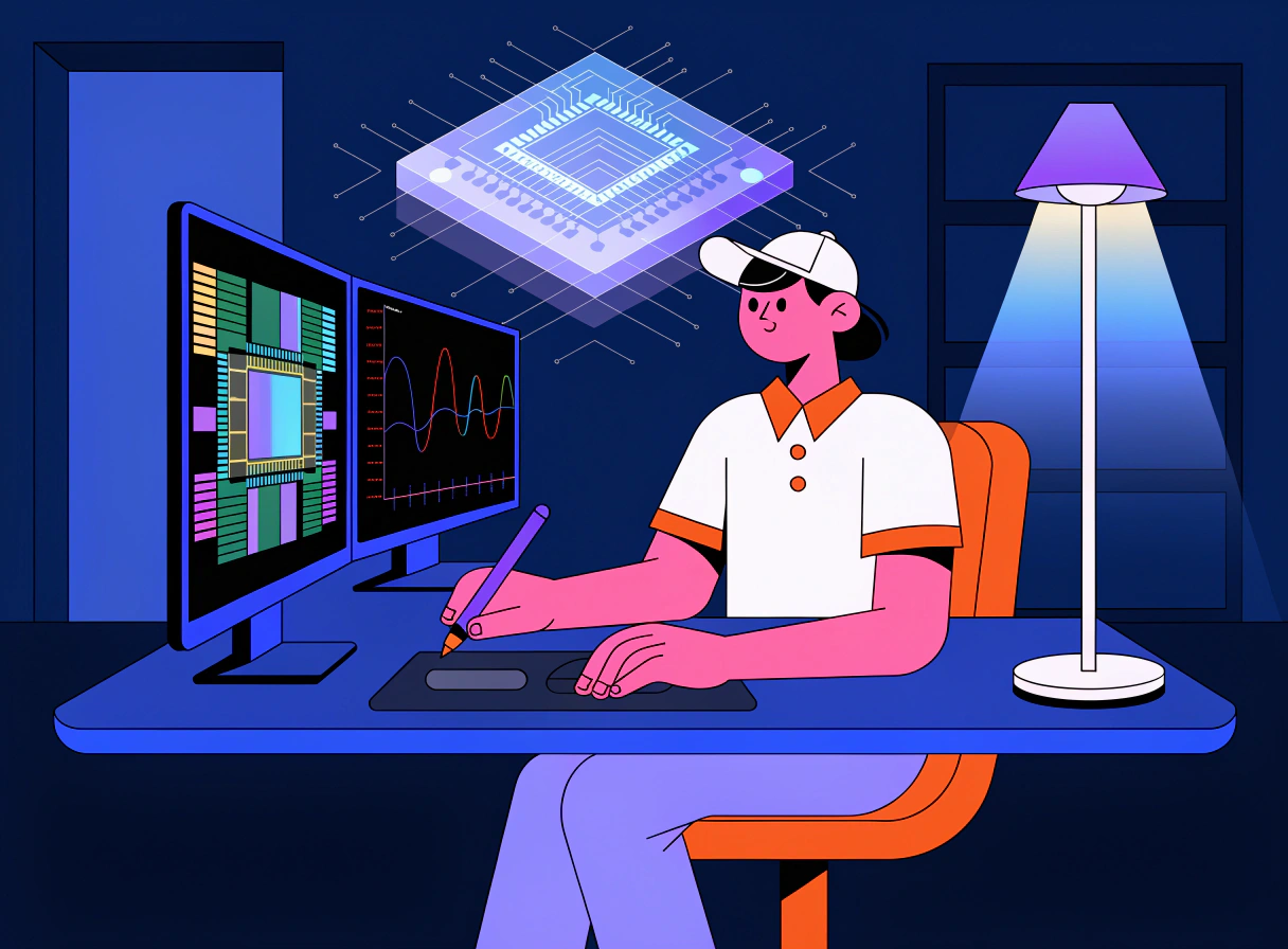 Kỹ sư thiết kế vi mạch làm việc với layout chip và dạng sóng trên hai màn hình